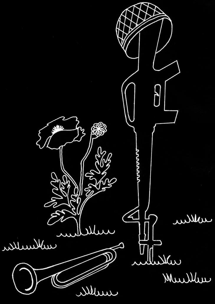 memorial poppy and inverted rifle with
helmet and trumpet